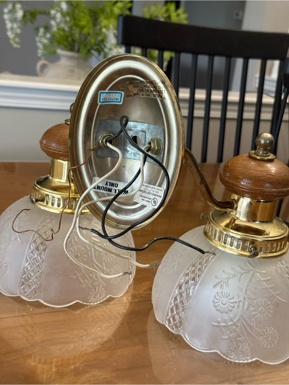 Brass and Frosted Glass Wall Sconce with Wood Accents - White